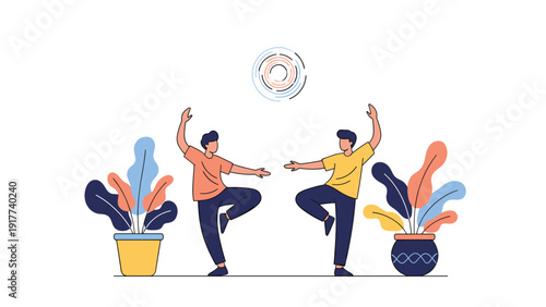 Two young men performing a rhythmic dance together in a modern room decorated with large colorful potted plants and a sun.