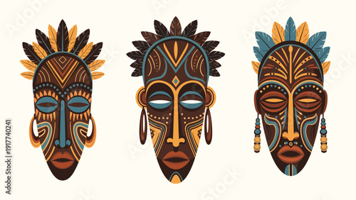 Set of three distinct and highly detailed African tribal masks with colorful feather headdresses and traditional patterns.