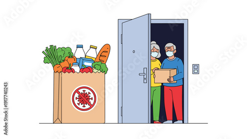 Masked elderly couple receiving a bag of fresh groceries marked with a protective symbol at their open apartment door.