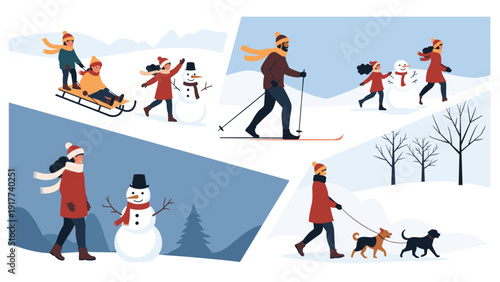 Collage of outdoor winter activities including children sledding, a man skiing, and a woman walking her dogs in the snow.