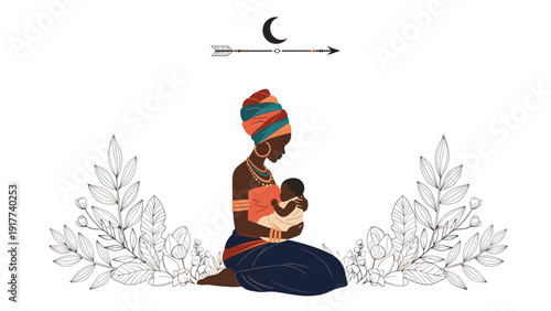 Tender illustration of an African mother kneeling and holding her baby closely surrounded by delicate floral line drawings.