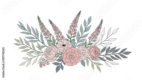 Softly colored floral bouquet featuring pink roses, tall lavender stalks, and various green and grey leaves in an arrangement.