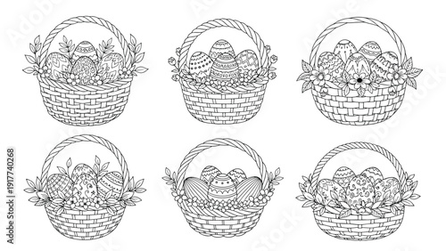 Collection of six detailed line art illustrations showing wicker baskets filled with beautifully patterned Easter eggs.