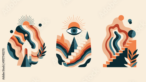 Series of three abstract surreal illustrations featuring eyes, rising suns, jagged mountains, and ascending staircases.