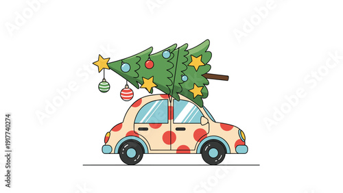Small vintage car decorated with red polka dots carrying a fully decorated Christmas tree on its roof against a white background.