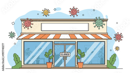 Illustration of a small retail store with a closed sign on its door and various virus symbols floating in the air outside.