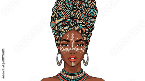 Detailed portrait of a young African woman wearing a stunning patterned headwrap, gold jewelry, and tribal facial markings.