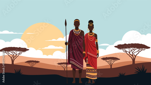 Traditional African couple standing together in the vast savanna during sunset, with acacia trees and clouds in the background.