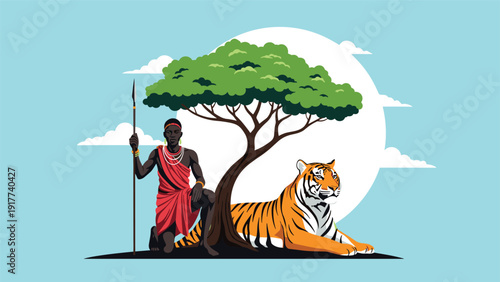 Proud african warrior kneeling with a spear next to a calm tiger under a tree in a peaceful landscape with a large moon in the background.