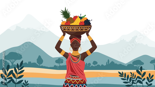 Beautiful African woman carrying a large basket of tropical fruits on her head against a serene mountain landscape backdrop.