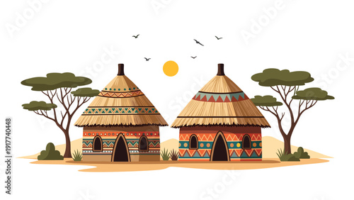 Scenic view of a traditional african village with decorated huts and acacia trees in a desert landscape under a warm sun with birds.