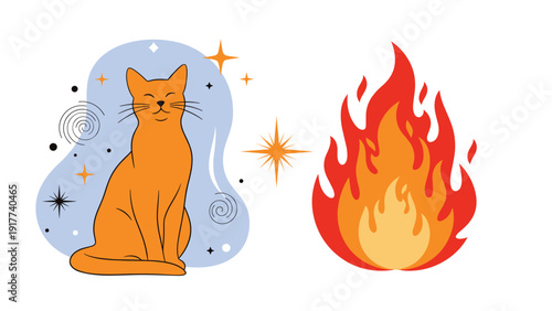 Whimsical orange cat sitting next to a large vibrant fire flame with stars and mystical patterns in a magical and cozy concept illustration.