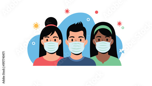 Diverse group of people from different backgrounds wearing medical face masks to protect against a virus in a social distancing concept.