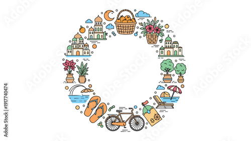 Circular composition of various travel and vacation icons including mosques beach items a bicycle and local fruits in a thin line art style.