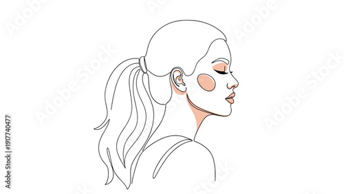 Elegant side profile of a woman with her hair in a ponytail using a minimalist continuous one line drawing style with soft color accents.