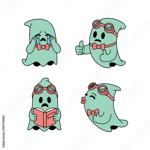 Cartoon ghost characters with different emotions and activities in a set