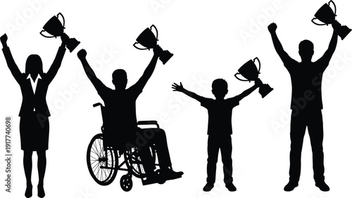Winner silhouette collection with trophy, inclusive success celebration featuring businesswoman disabled athlete child and champion isolated on white background