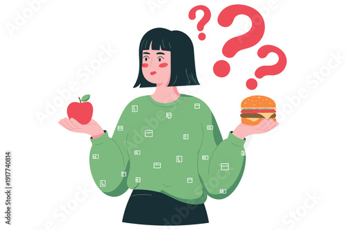 Woman choosing between and burger with question marks above her head illustration