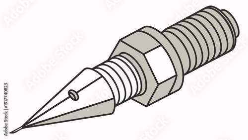 A detailed illustration of a pointed metal tool with a ridged handle and sharp tip viewed from a diagonal angle