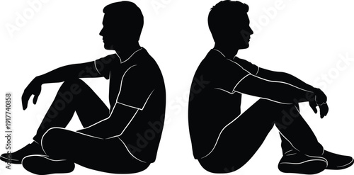 Young man sitting silhouette set, side view male profile isolated on white background minimalist vector illustration collection