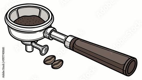 Coffee beans being poured into a coffee machine's portafilter from a container, viewed from above