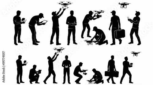 Drone Operator Silhouettes with Controller, Monitoring and Flying Poses
