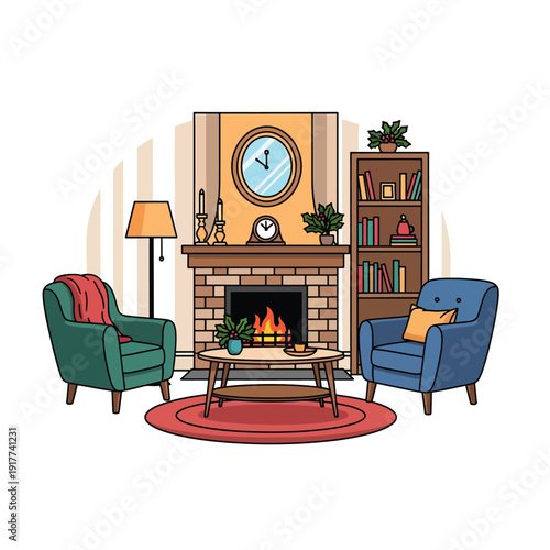 Cozy living room scene with armchairs, fireplace, and bookshelf viewed from a frontal perspective in a warm environment