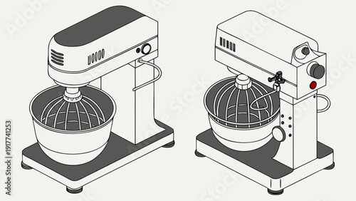 Two stand mixers displayed side by side on a plain background showcasing their design and features from a straightforward viewpoint