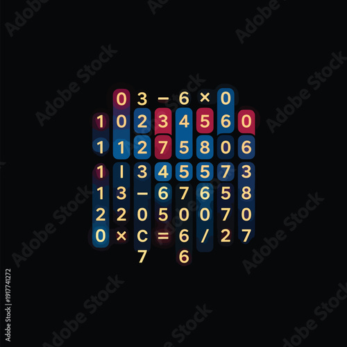 Mathematical operation grid with numbers and symbols in a grid format viewed from directly above