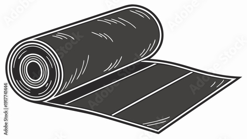 A rolled up yoga mat lies on the floor next to an unrolled section, illustration, studio view