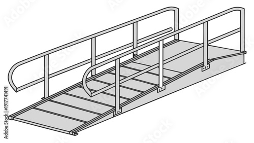 An illustration of a wheelchair ramp with railings from an isometric perspective