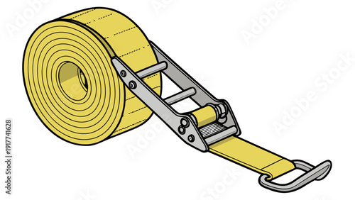 Illustration of a yellow ratchet strap with metal fittings on a plain background