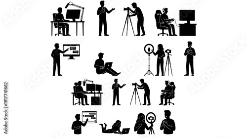 Livestreamer and Content Creator Silhouettes with Camera and Microphone Poses
