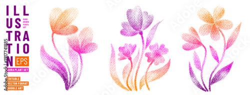 Flower gradation aura spring background. Floral halftone gradient photocopy set. Abstract flower, blur gradation aura effect. Neon color summer or spring shadow grain plant. Blurry y2k watercolor bg