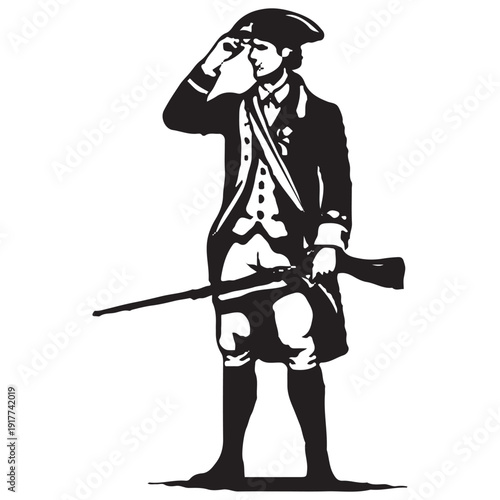 Colonial Minuteman Soldier Saluting with Musket - Revolutionary War Patriot Vintage Silhouette