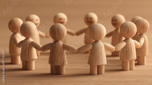 Global Unity and Teamwork Concept with Wooden Figures Holding Hands