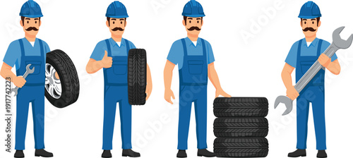 Auto Mechanic Worker Vector Set with Tire Repair Wrench Tools and Car Service Technician Characters for Garage Automotive Maintenance Design