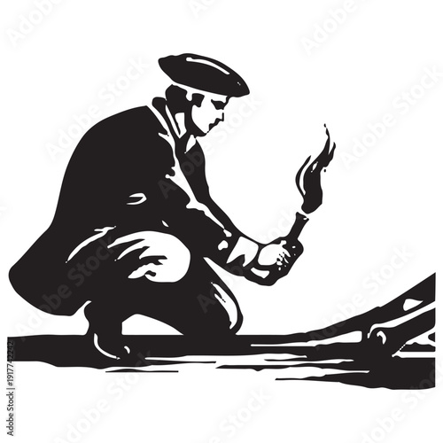 Colonial Minuteman Soldier Kneeling Firing Musket - Revolutionary War Battle Vintage Silhouette