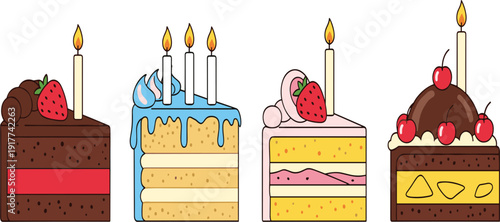 Birthday Cake Slice Illustration Set with Chocolate Strawberry and Cream Layered Desserts Sweet Celebration Pastry Collection for Party Cards and Bakery Designs