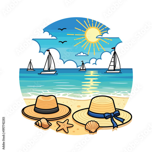 Sailboats gliding across serene ocean waters near sandy beach with hats and seashells, viewed from a tranquil seaside scene