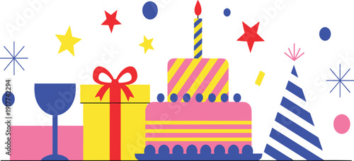 Birthday Party Celebration Vector Illustration with Cake Gift Box Party Hat Confetti and Wine Glass for Greeting Cards Invitations and Festive Designs
