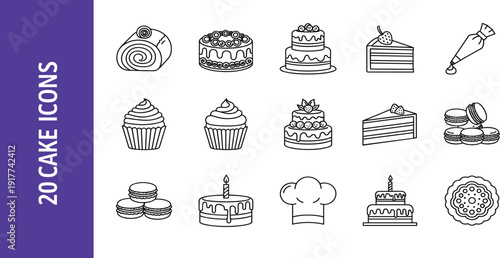 Cake and Bakery Icon Set with Cupcake Pastry Dessert Slice Macaron and Sweet Food Outline Symbols for Cafe Menu and Celebration Design