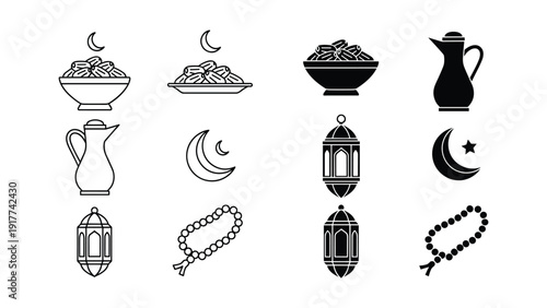 Ramadan icons set, black silhouettes, traditional elements, Islamic symbols, lanterns, prayer beads, crescent moon