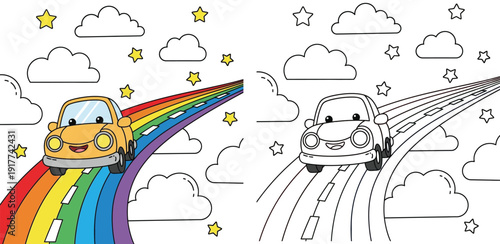 Coloring page outline and colored version of a cute cartoon car driving on a rainbow road in the sky with clouds and stars vector illustration