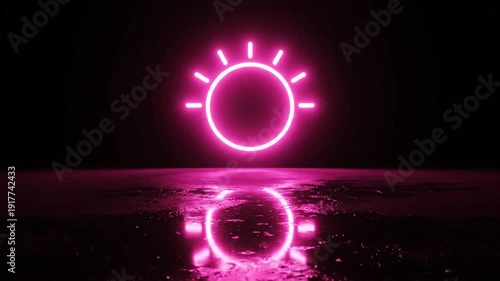 Vibrant pink neon sun on dark wet surface
