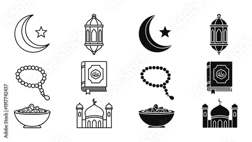 Ramadan Kareem Islamic symbols set black and white