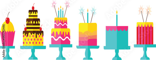 Colorful Birthday Cake Illustration Set with Candles Fireworks and Sweet Celebration Desserts for Party Invitation Greeting Card and Festive Design