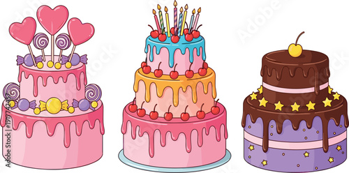 Colorful Birthday Cake Collection with Chocolate Drip Candy Toppers Candles and Celebration Party Dessert Designs for Bakery Events and Festive Decorations