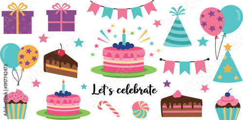 Colorful Birthday Party Celebration Vector Set with Cakes Balloons Gifts Cupcakes Candy Hats and Festive Decorations for Greeting Cards Invitations and Events