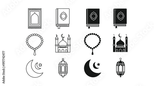 Islamic symbols set, black and white line art, Ramadan elements